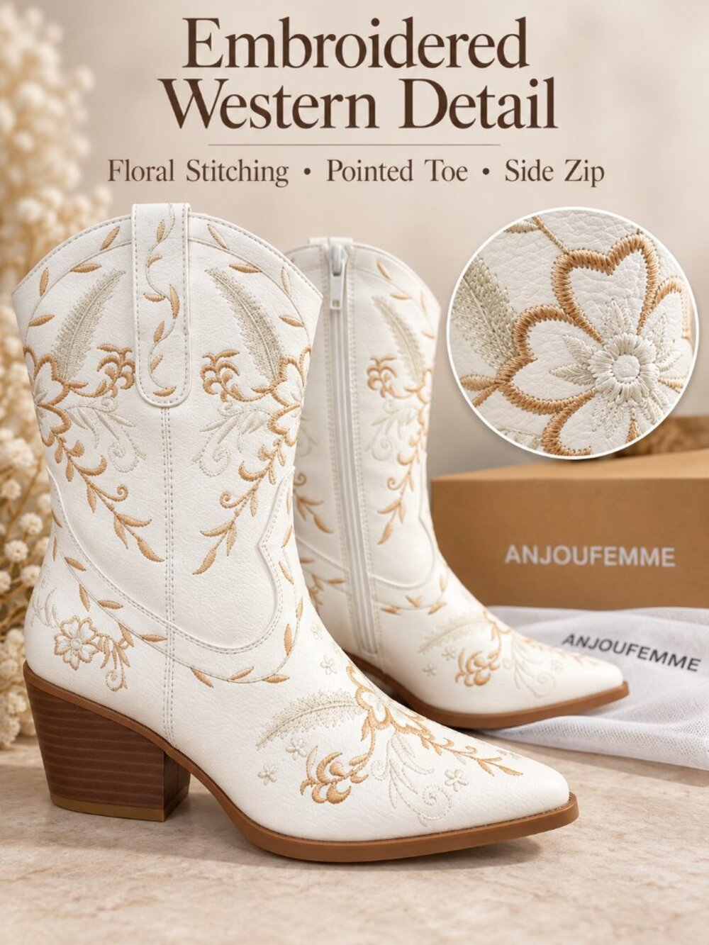 Western White Embroidered Cowboy Boots Size 6.5 New In Box